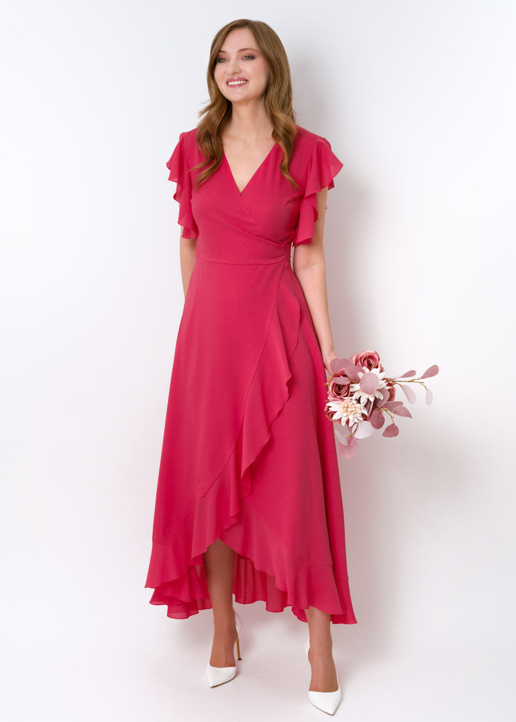 Coral pink chiffon wrap dress