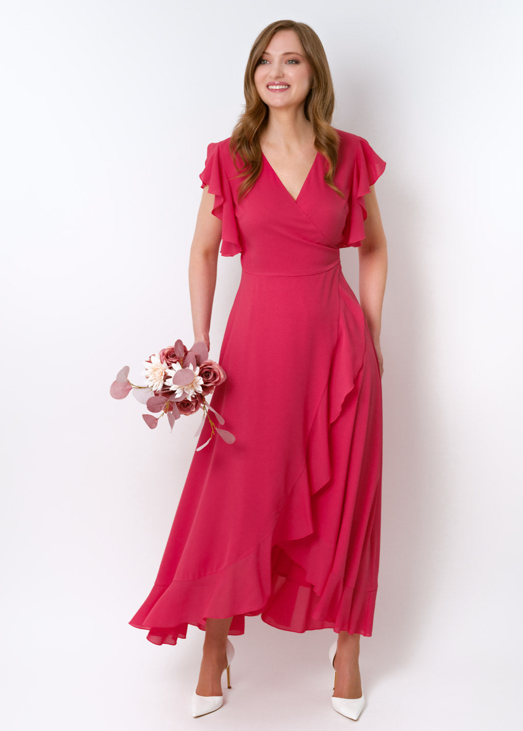 Coral pink chiffon wrap dress
