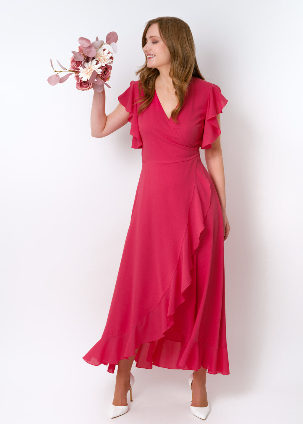Coral pink chiffon wrap dress