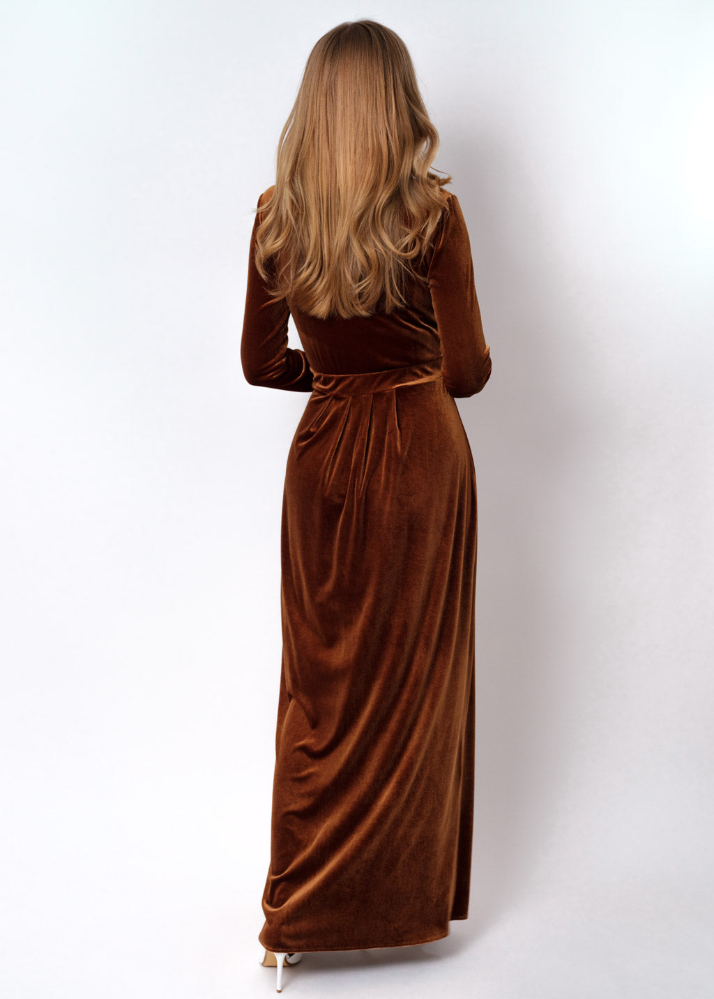 Rust gold velvet slit dress