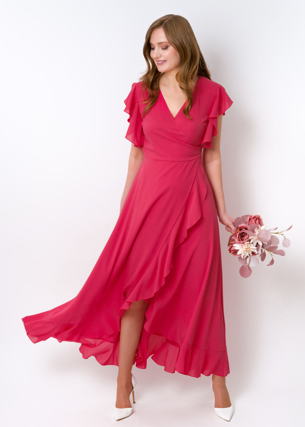 Coral pink chiffon wrap dress