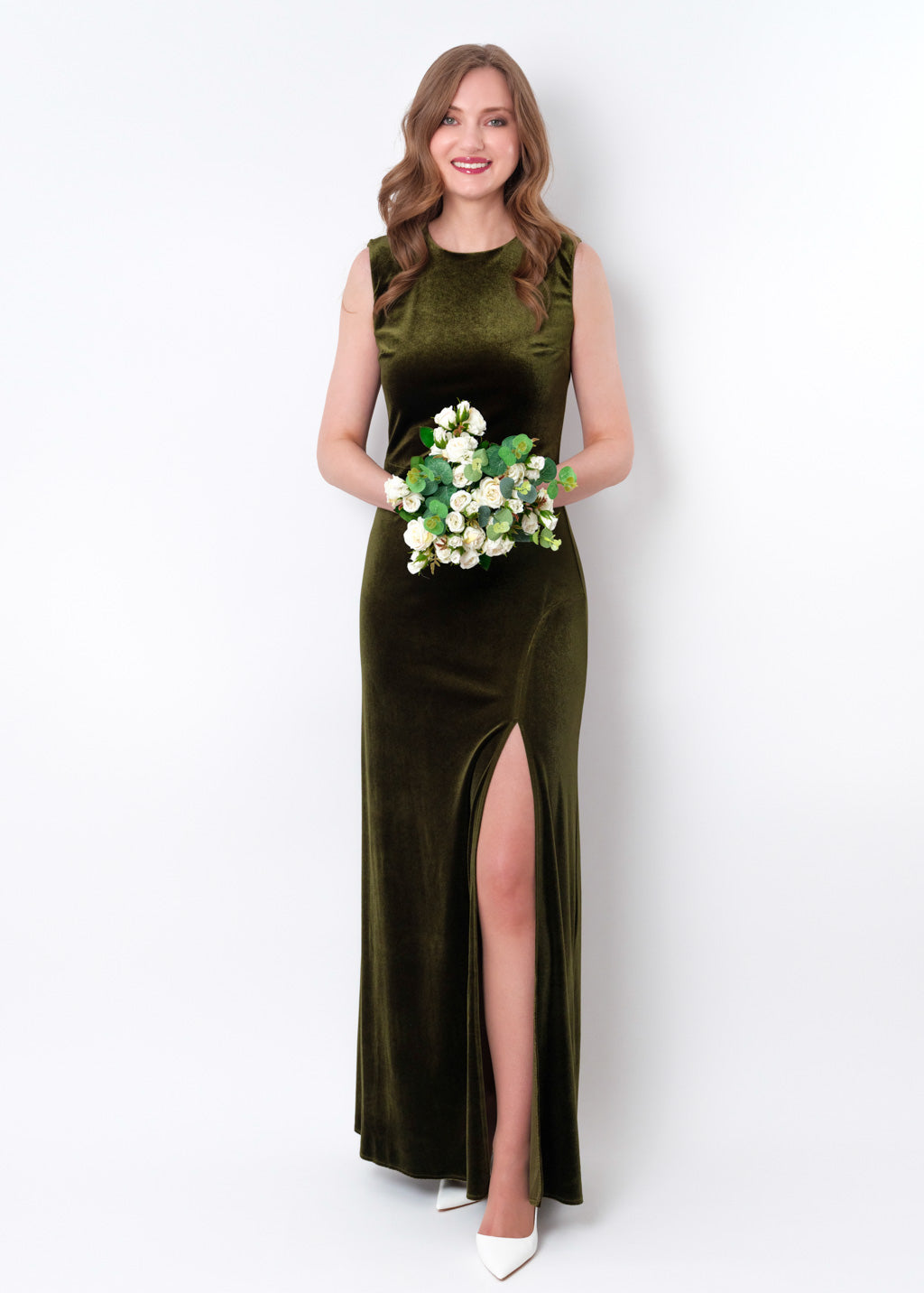 Olive green velvet slit long pencil dress