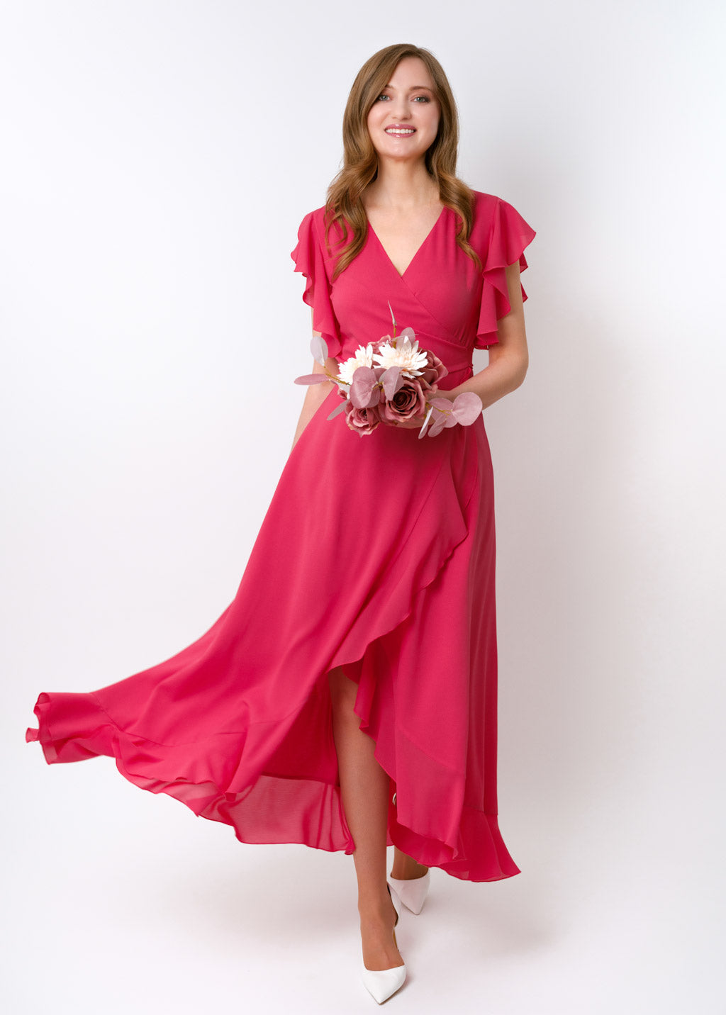 Coral pink chiffon wrap dress