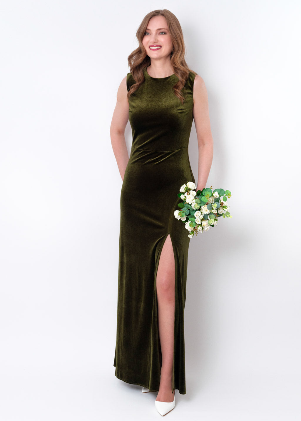 Olive green velvet slit long pencil dress