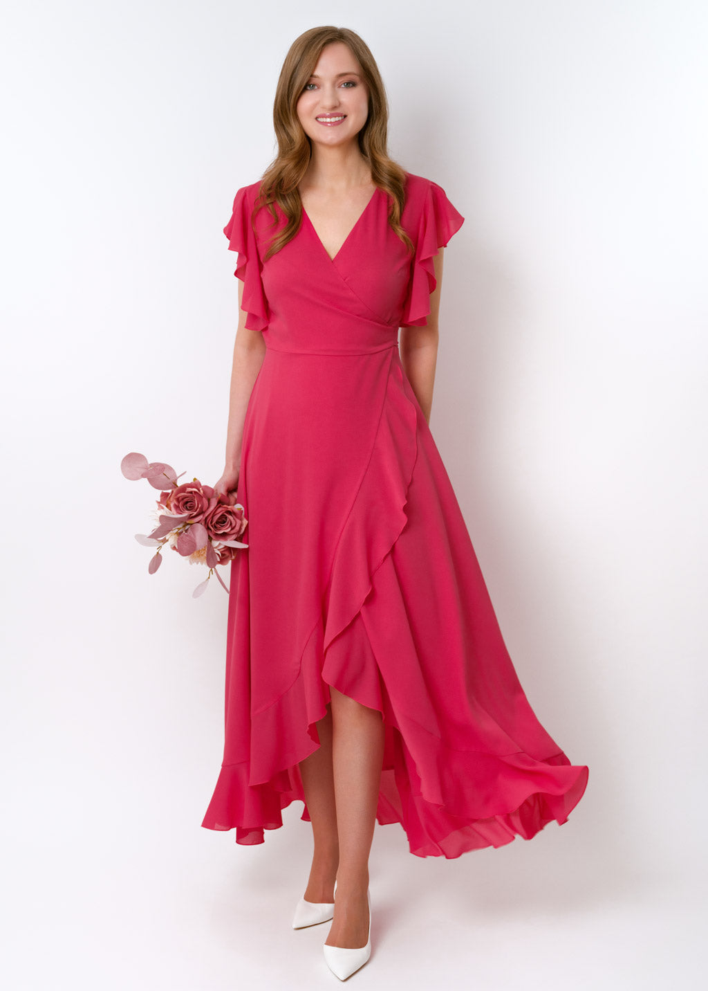 Coral pink chiffon wrap dress