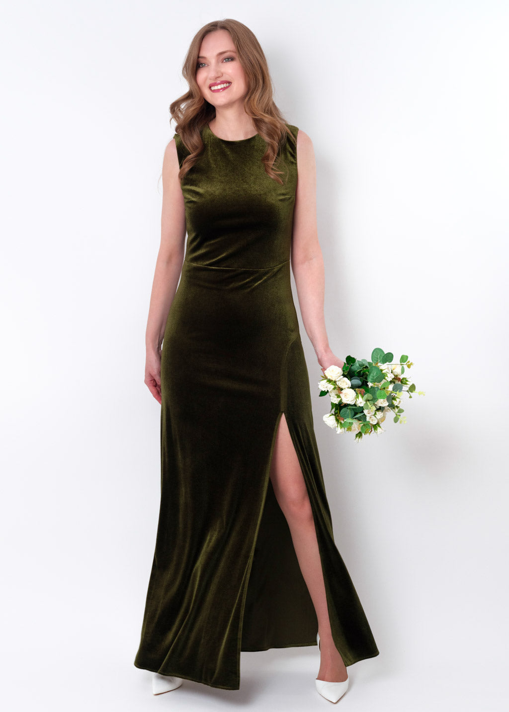 Olive green velvet slit long pencil dress