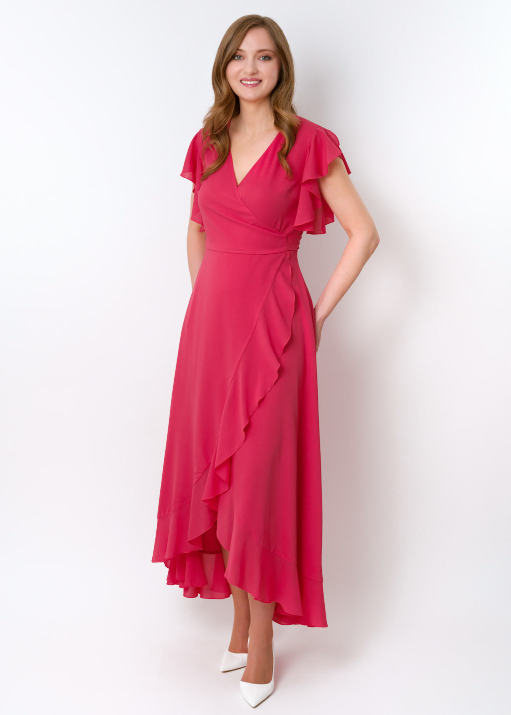 Coral pink chiffon wrap dress