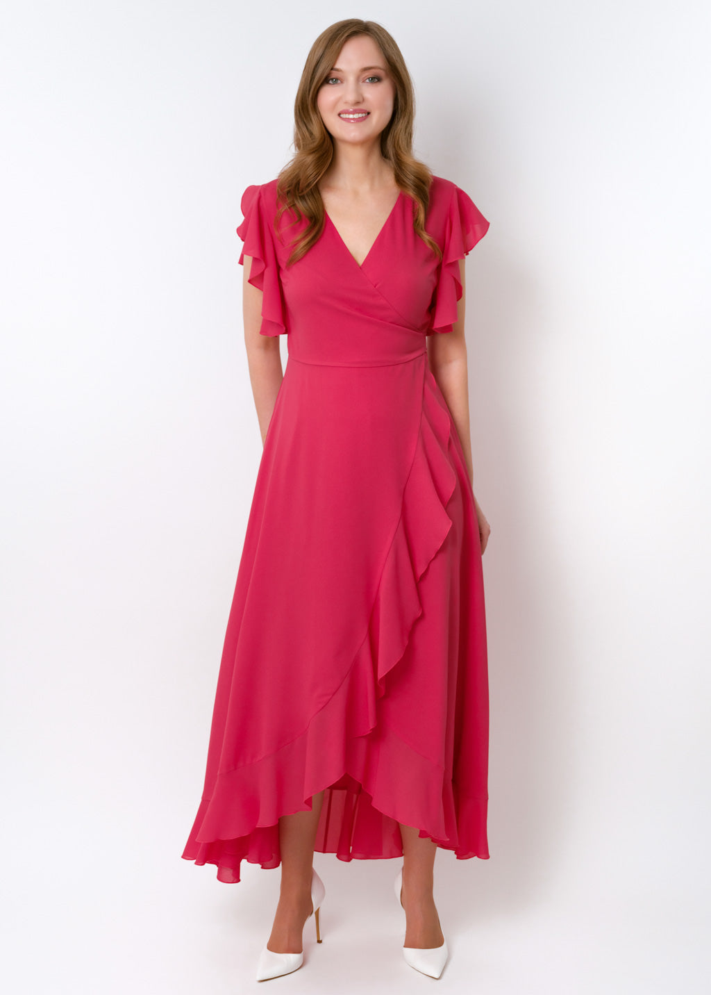 Coral pink chiffon wrap dress
