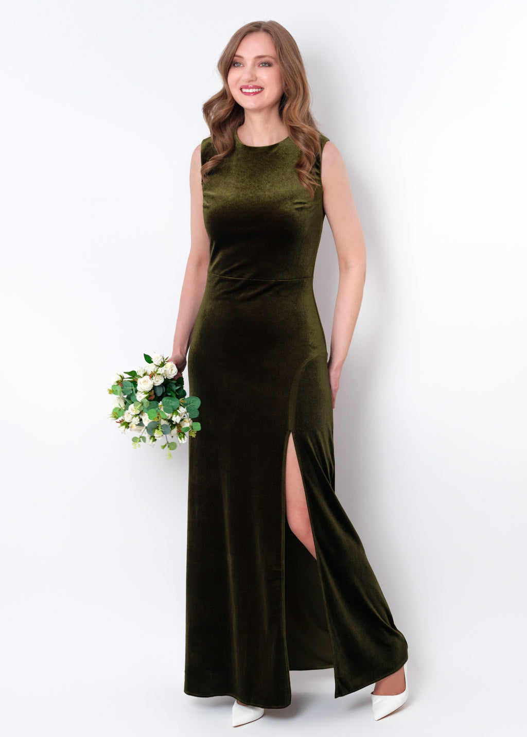 Olive green velvet slit long pencil dress