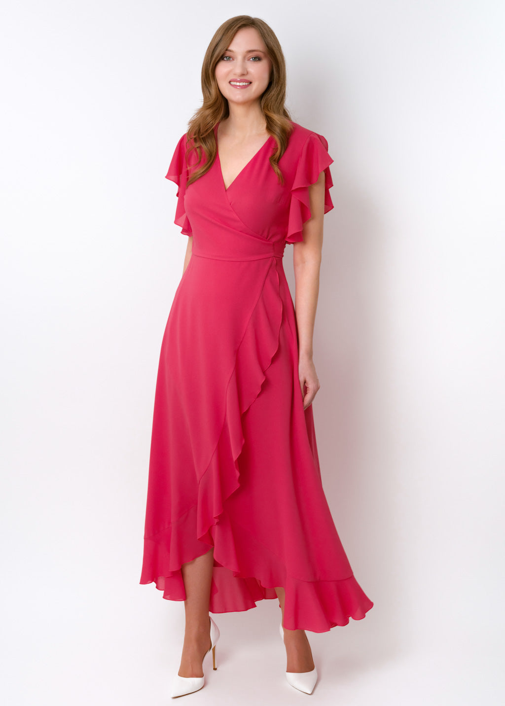 Coral pink chiffon wrap dress