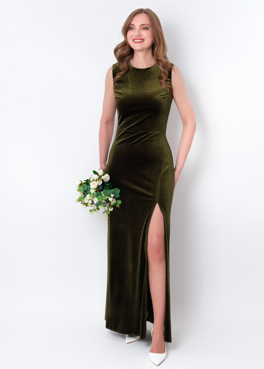 Olive green velvet slit long pencil dress