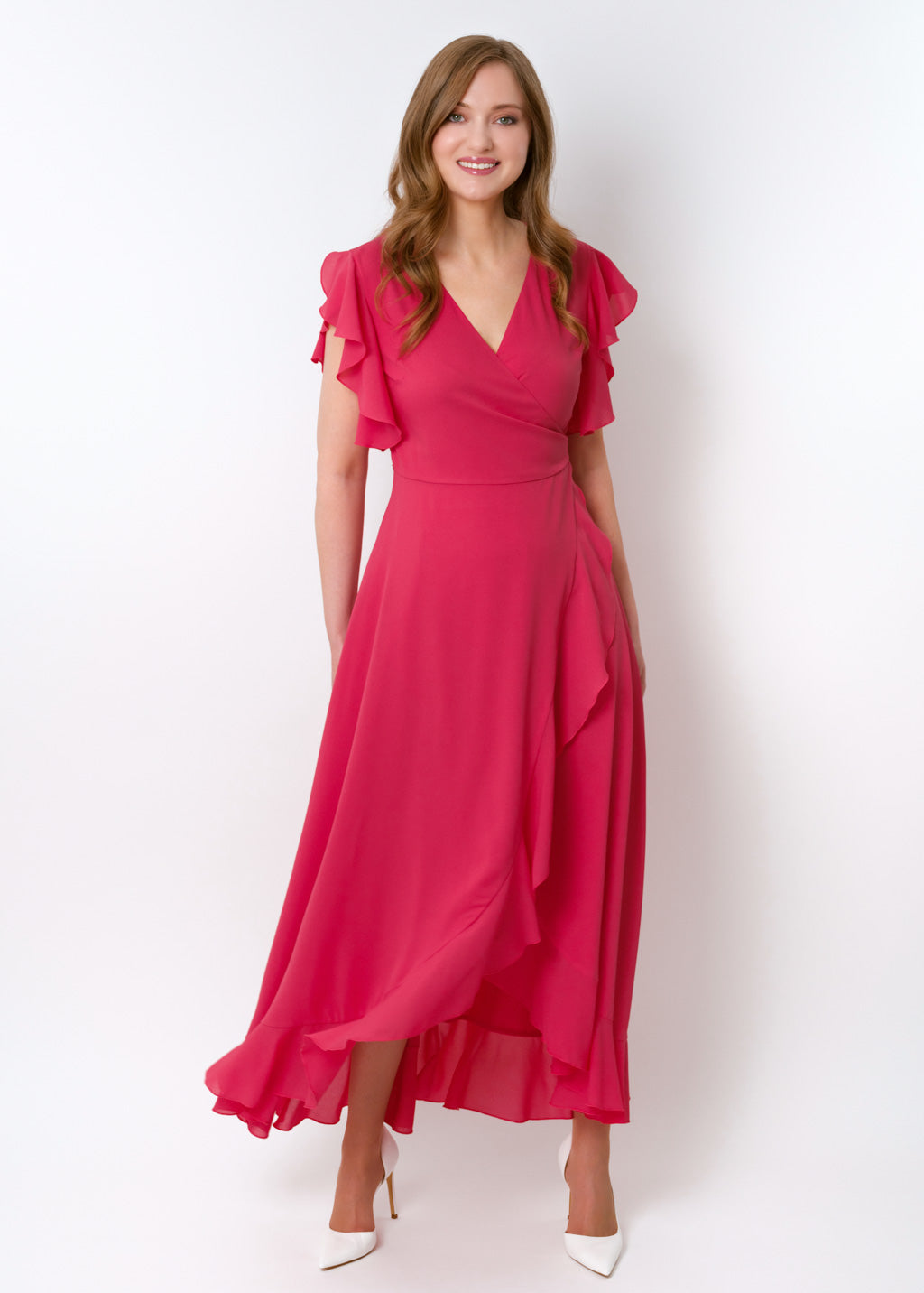 Coral pink chiffon wrap dress