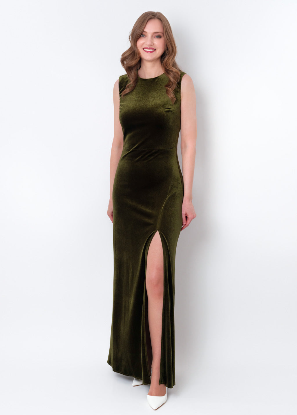 Olive green velvet slit long pencil dress