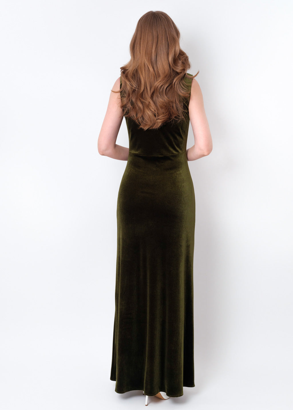 Olive green velvet slit long pencil dress