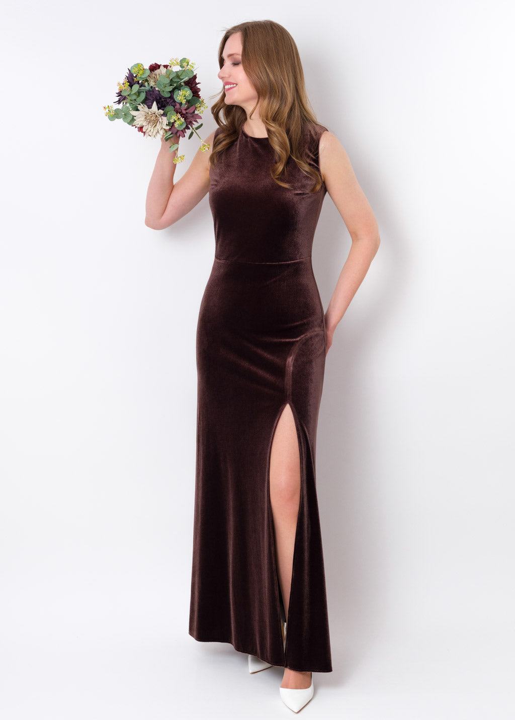 Chocolate brown velvet slit long pencil dress