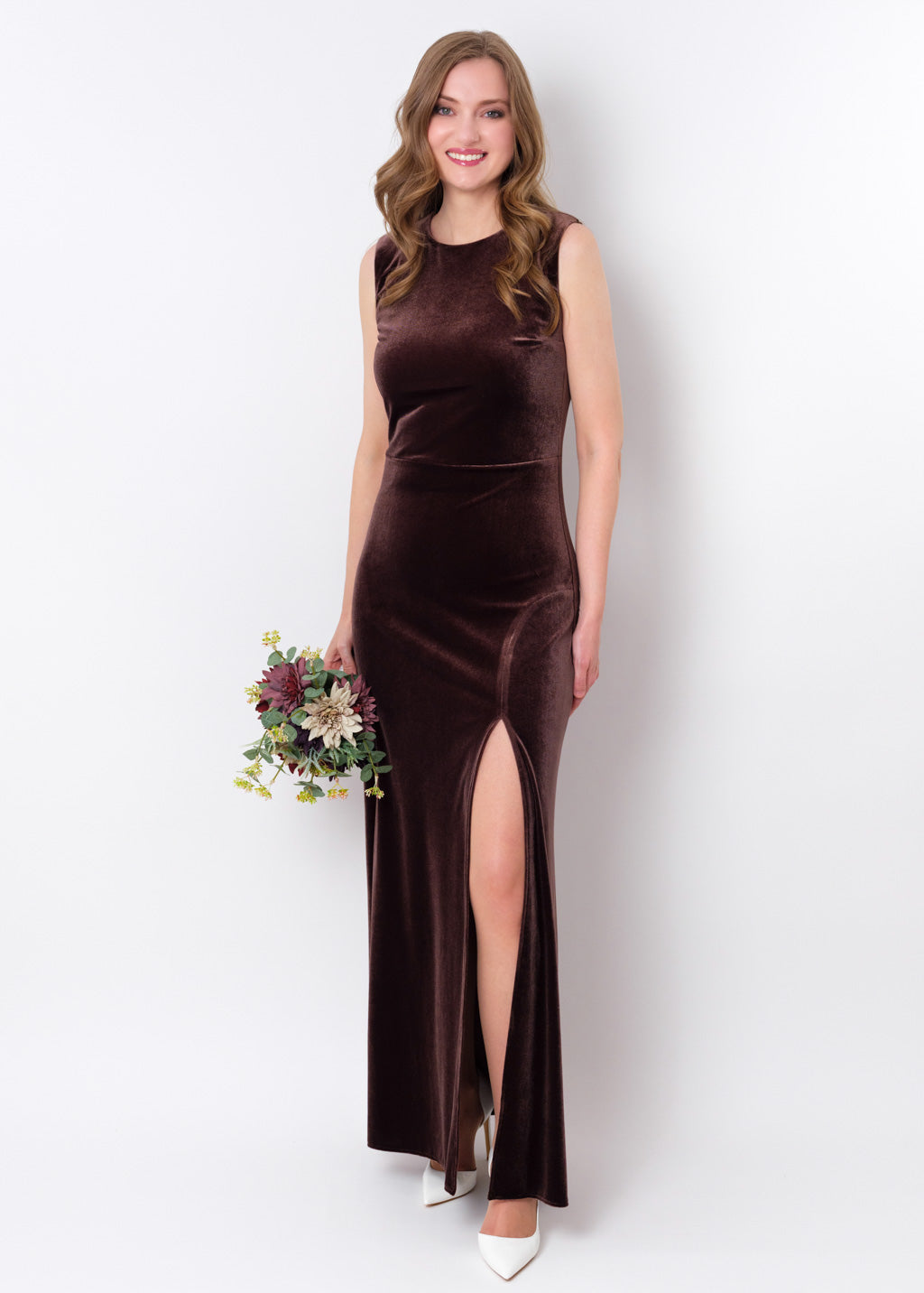 Chocolate brown velvet slit long pencil dress
