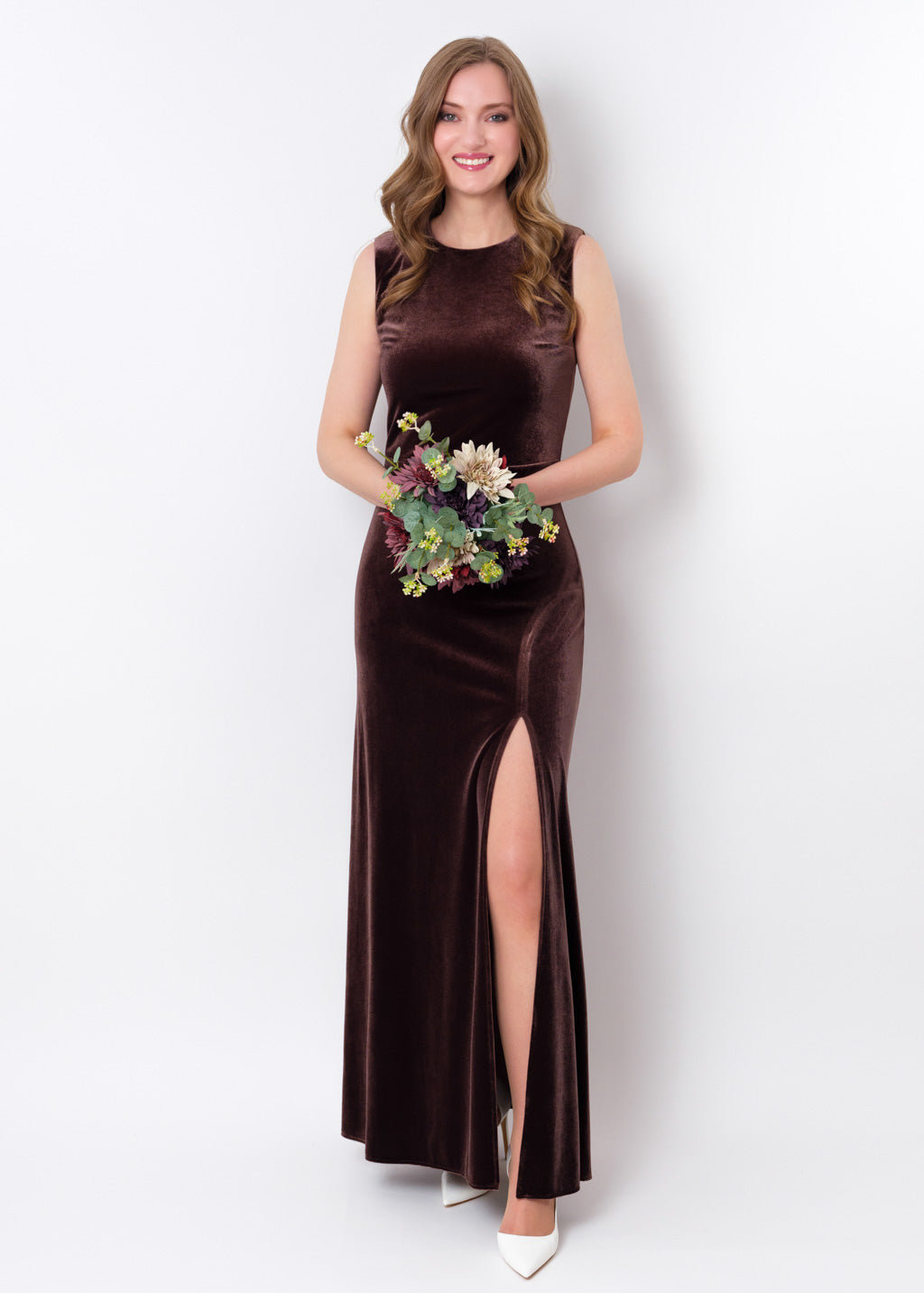 Chocolate brown velvet slit long pencil dress