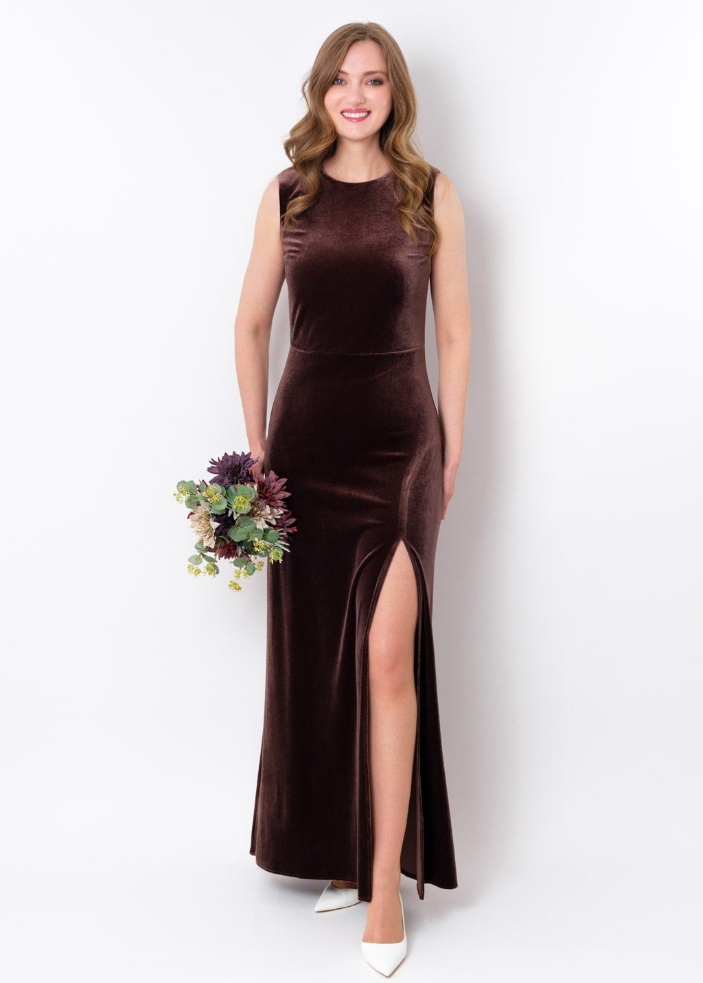 Chocolate brown velvet slit long pencil dress