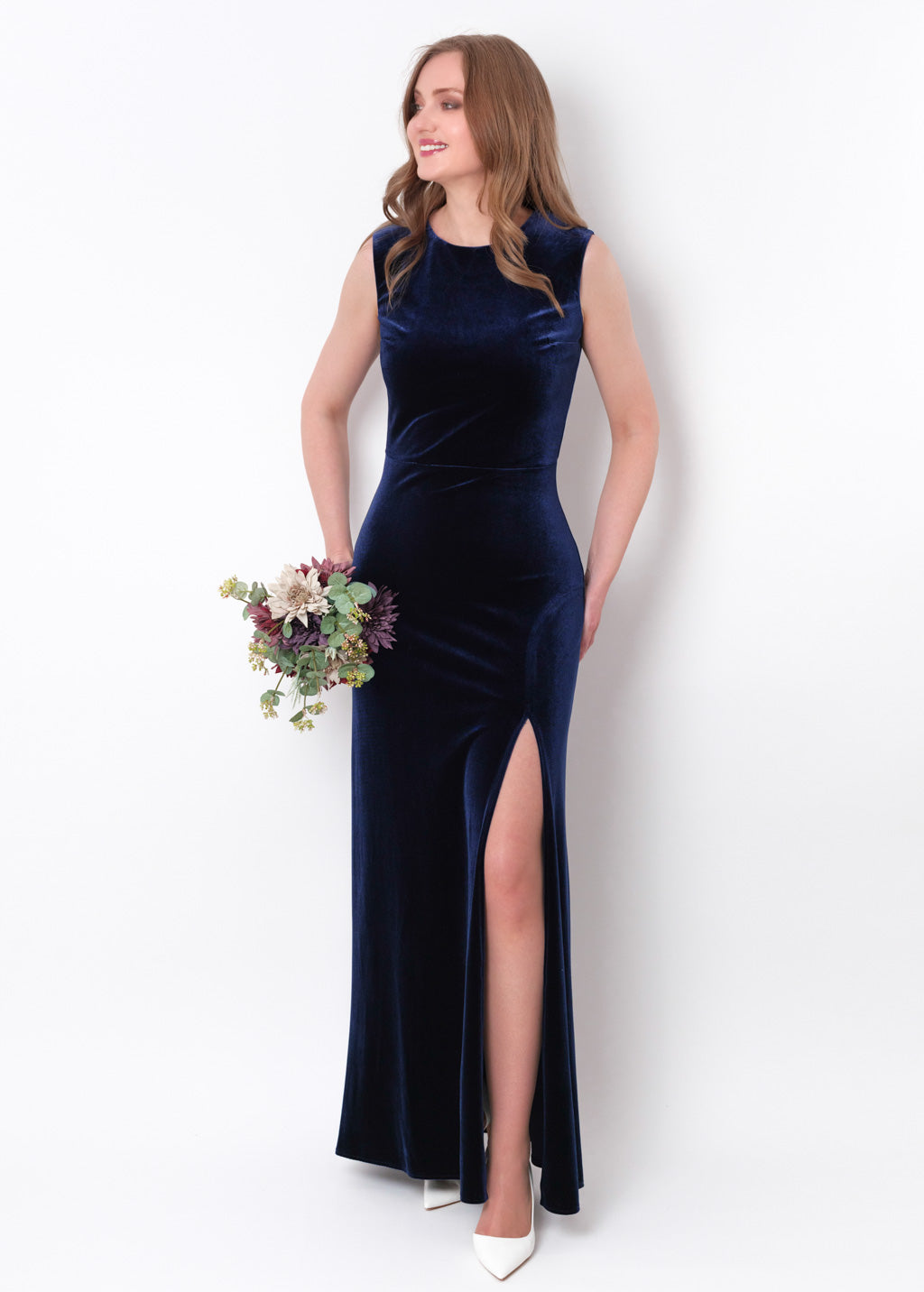 Navy blue velvet slit long pencil dress