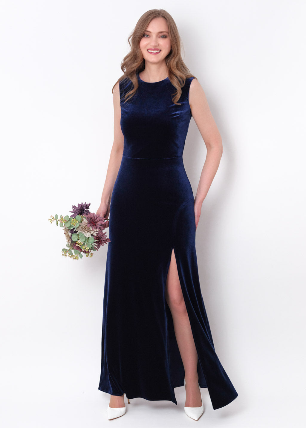 Navy blue velvet slit long pencil dress