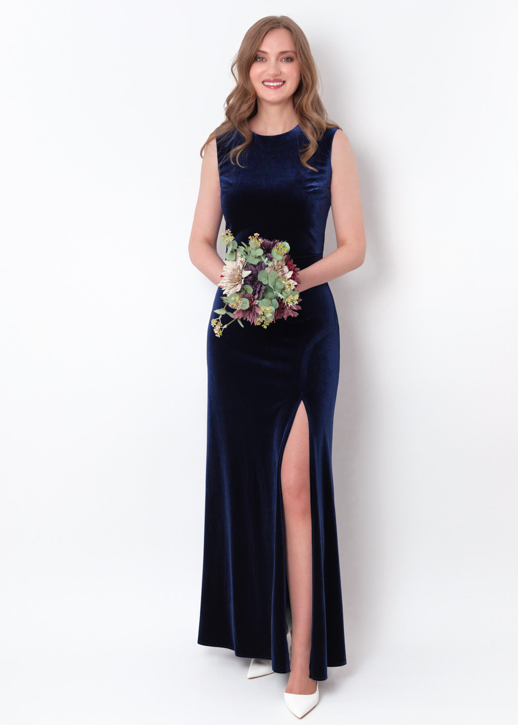 Navy blue velvet slit long pencil dress