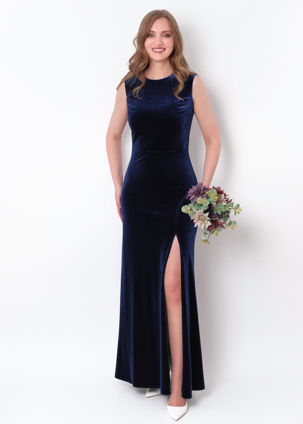 Navy blue velvet slit long pencil dress