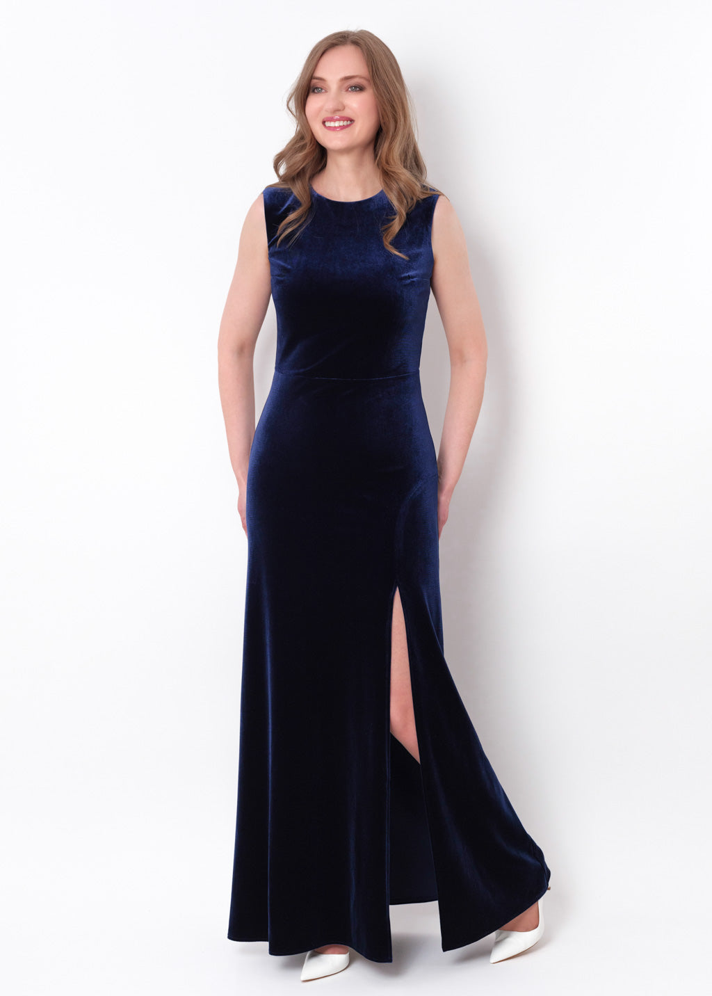 Navy blue velvet slit long pencil dress