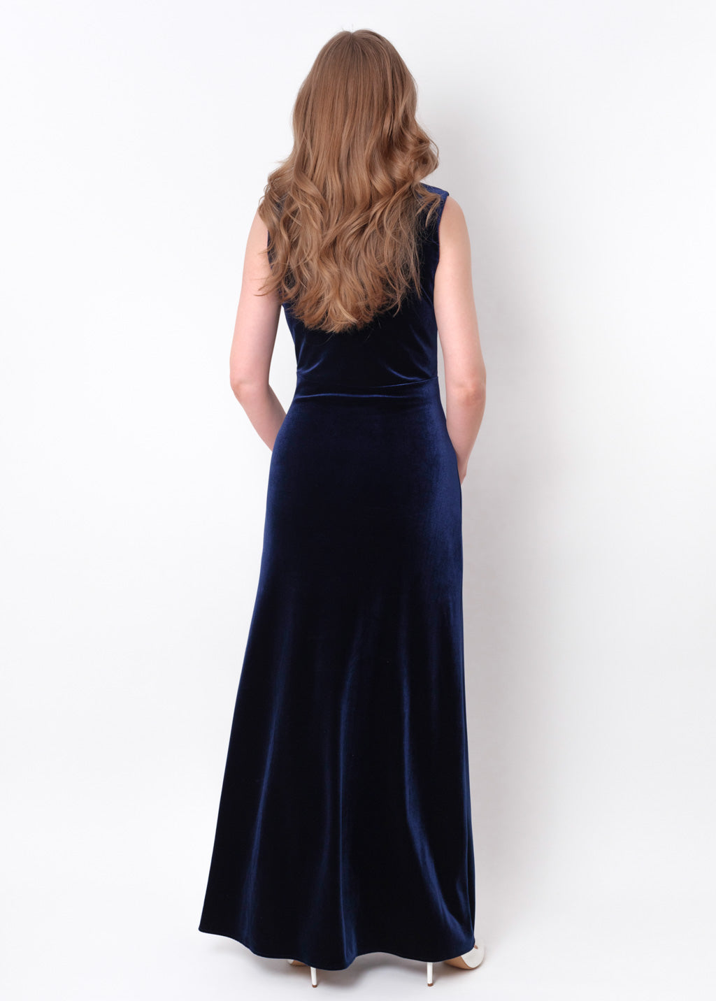 Navy blue velvet slit long pencil dress