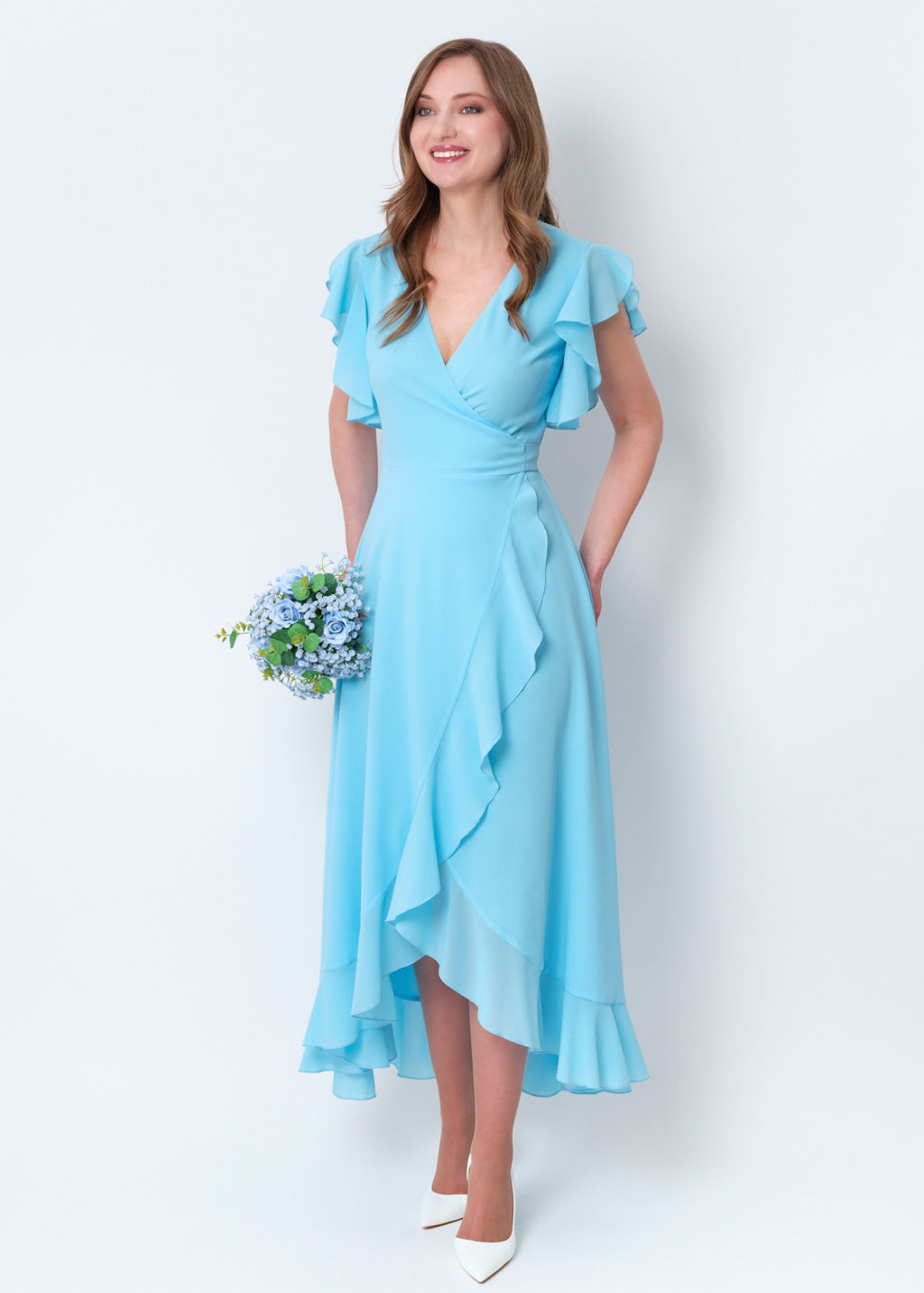 Sky blue chiffon wrap dress