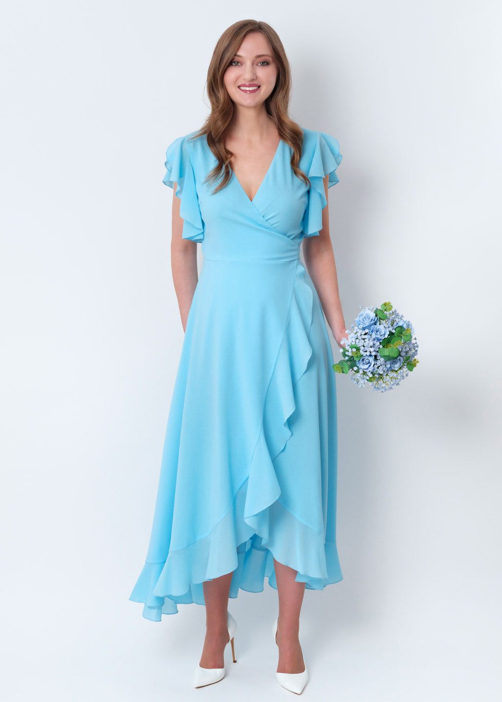 Sky blue chiffon wrap dress