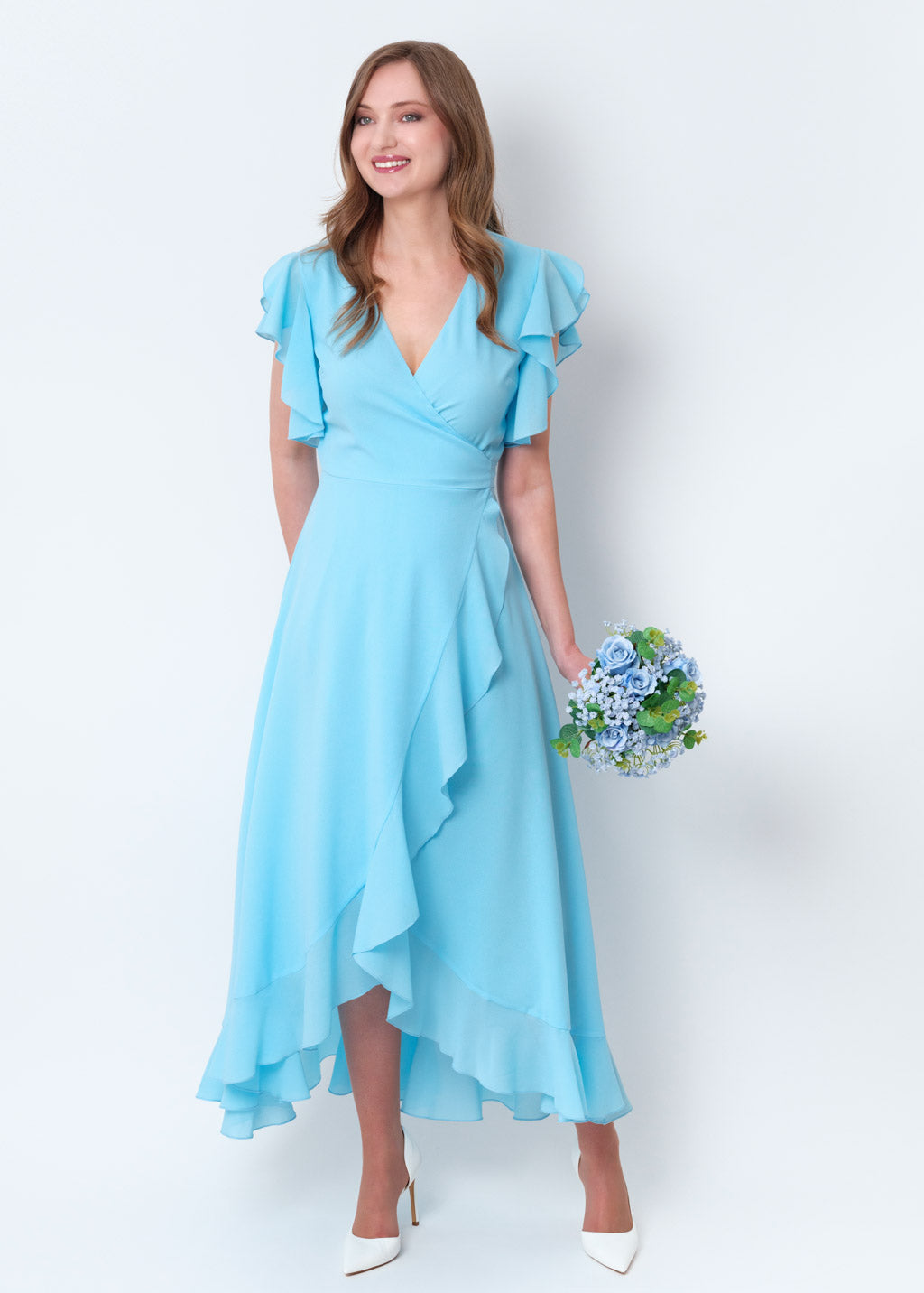 Sky blue chiffon wrap dress