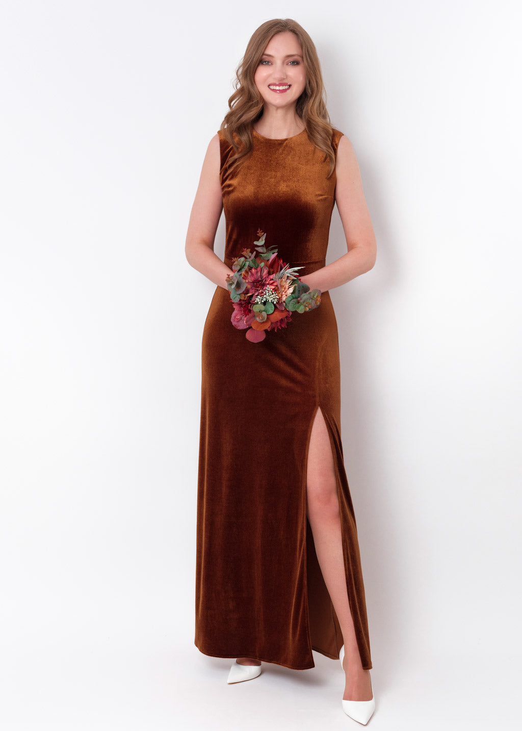 Rust gold velvet slit long pencil dress