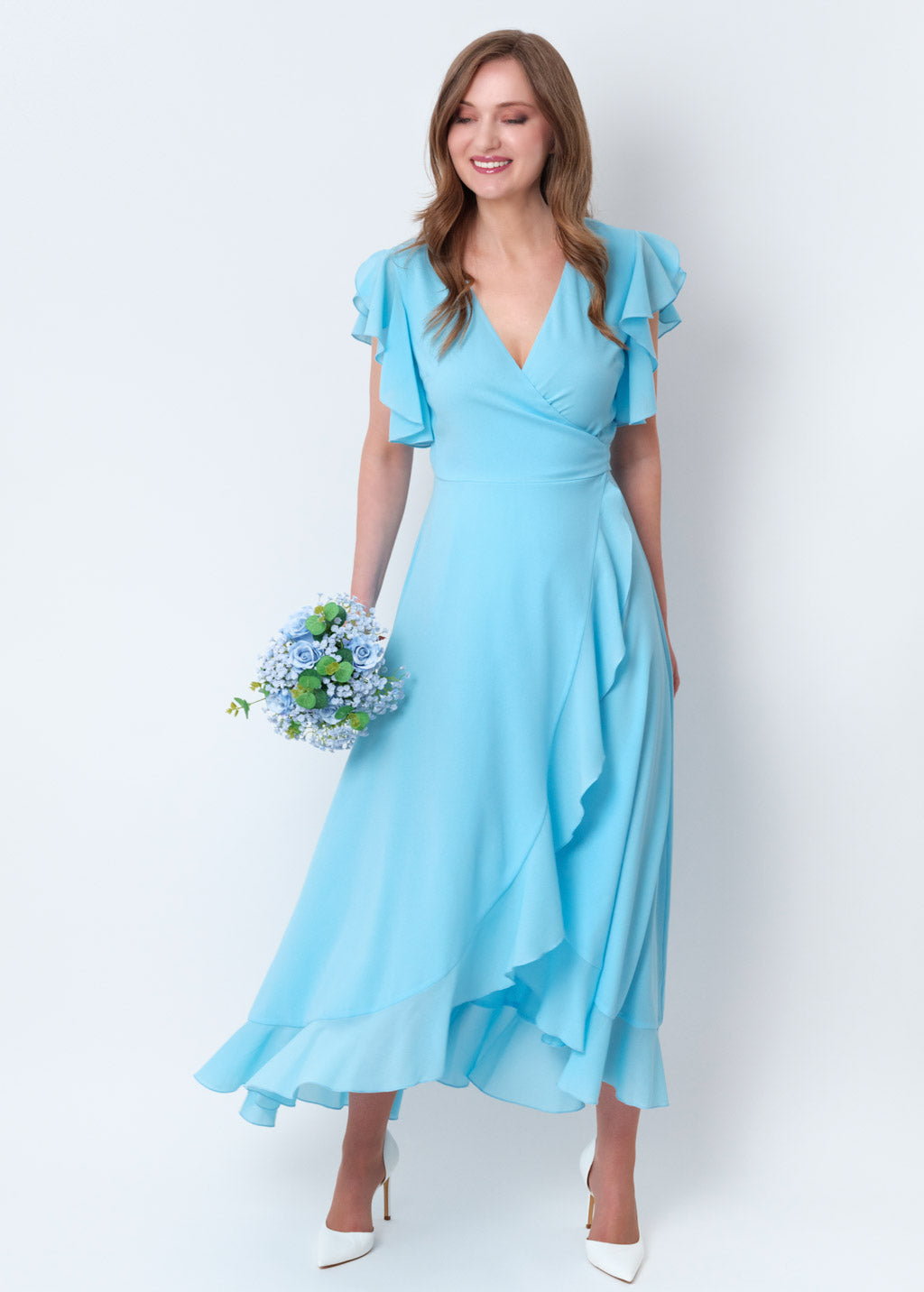 Sky blue chiffon wrap dress