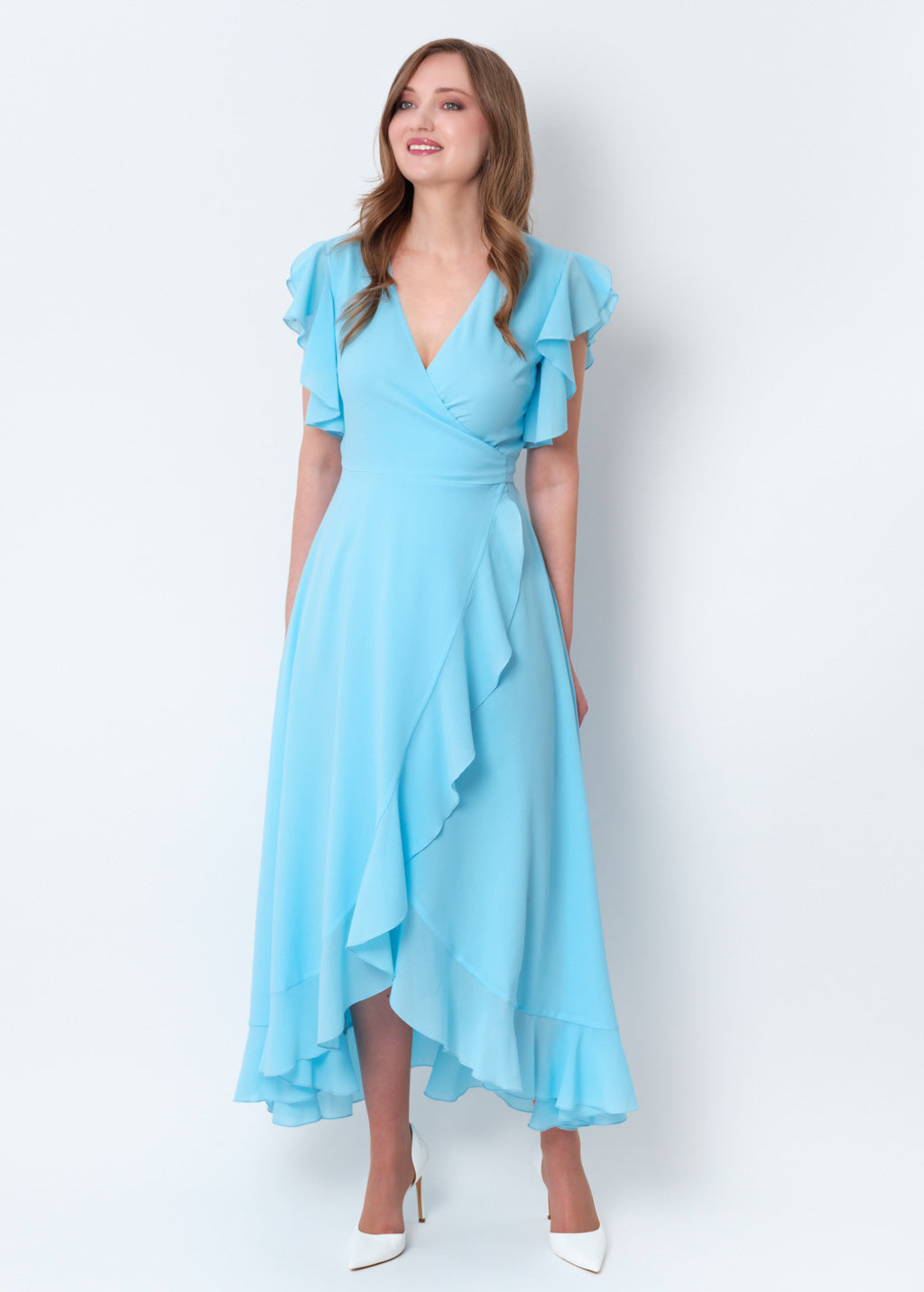 Sky blue chiffon wrap dress