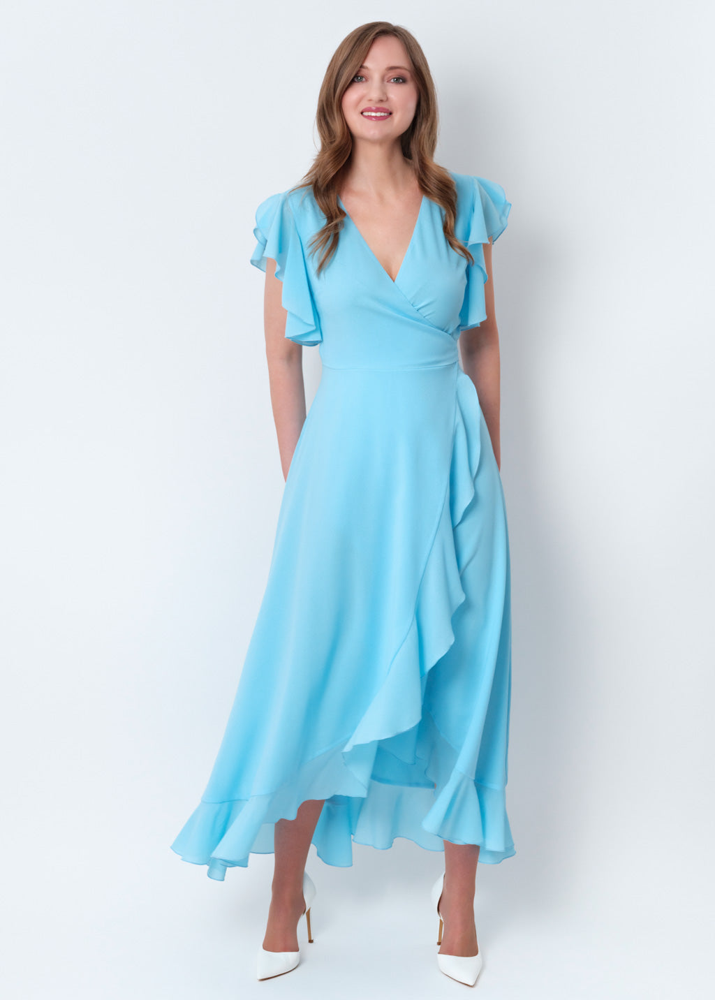 Sky blue chiffon wrap dress