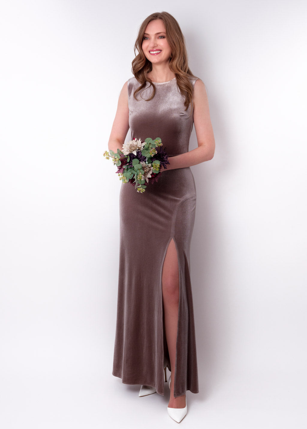 Taupe velvet slit long pencil dress