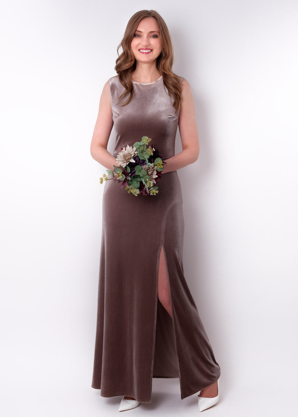 Taupe velvet slit long pencil dress