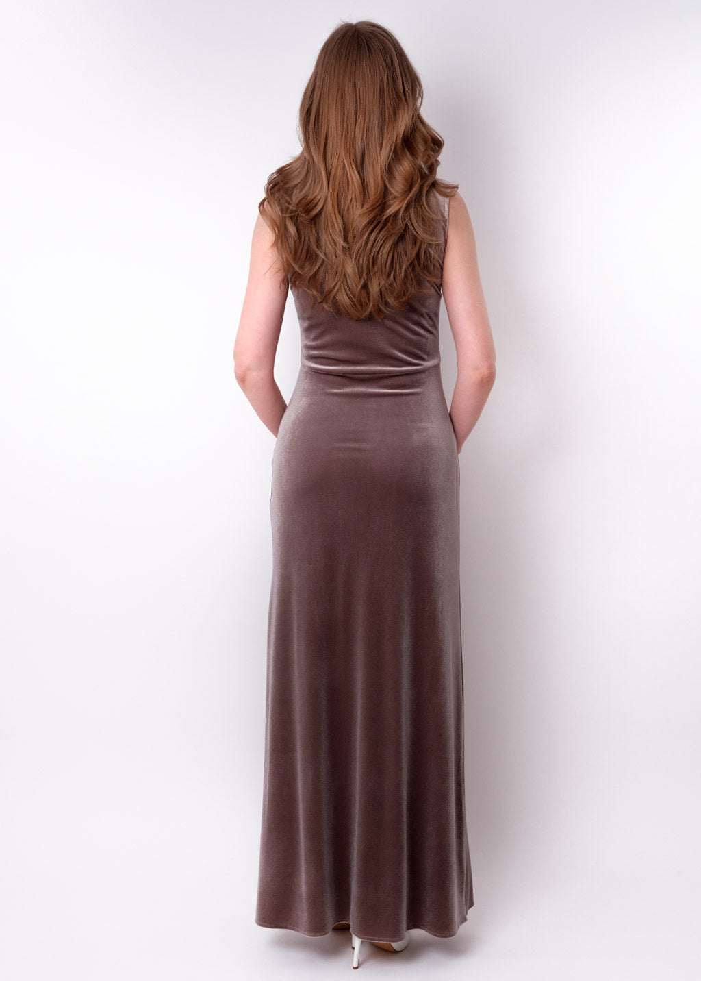 Taupe velvet slit long pencil dress