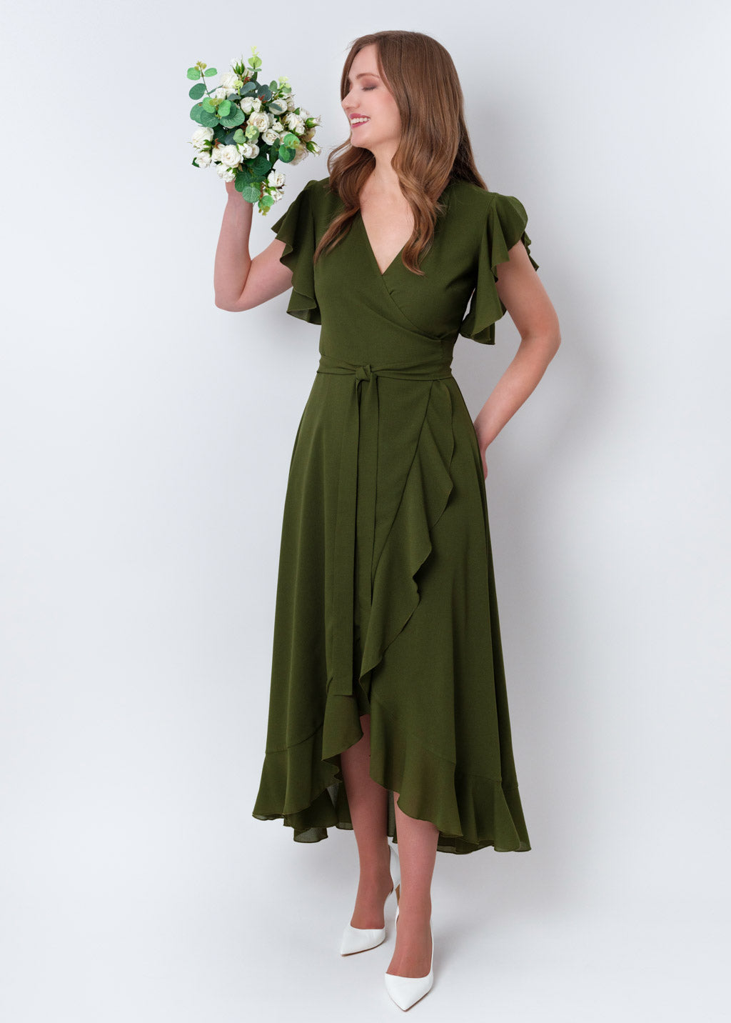Olive green chiffon wrap dress