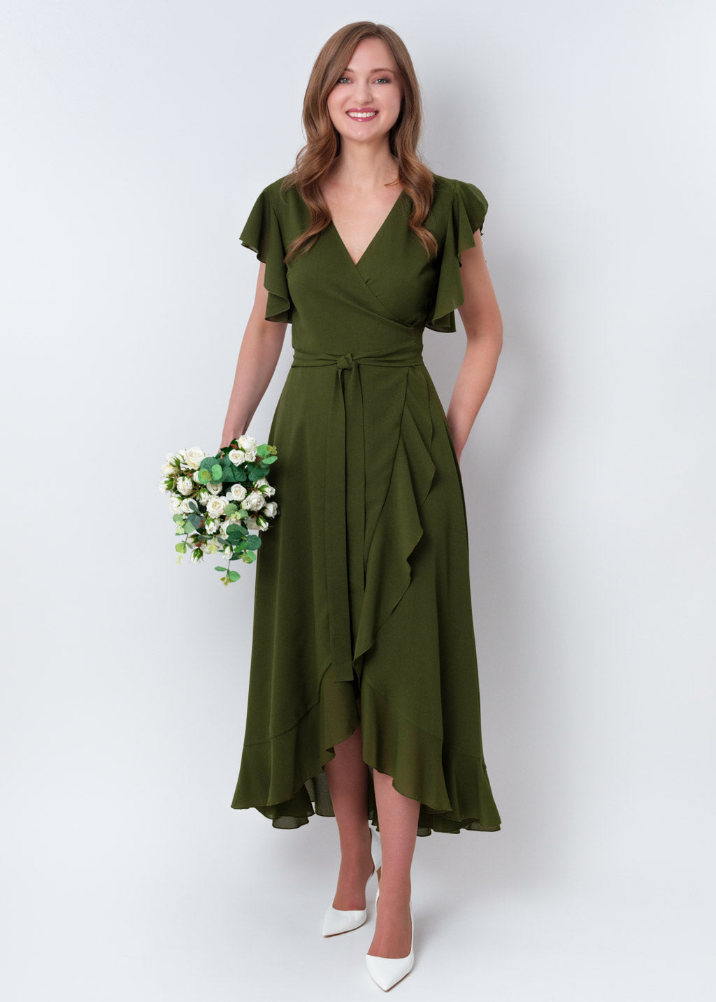 Olive green chiffon wrap dress