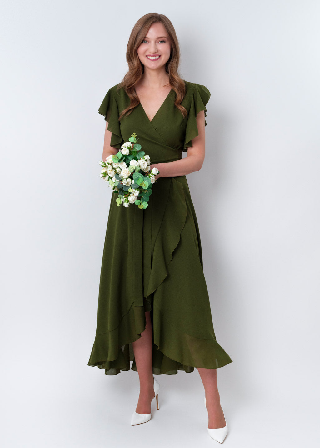Olive green chiffon wrap dress