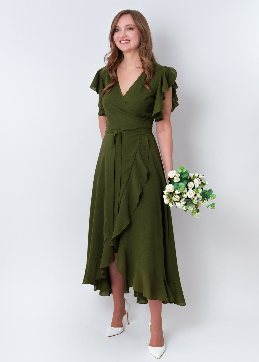 Olive green chiffon wrap dress