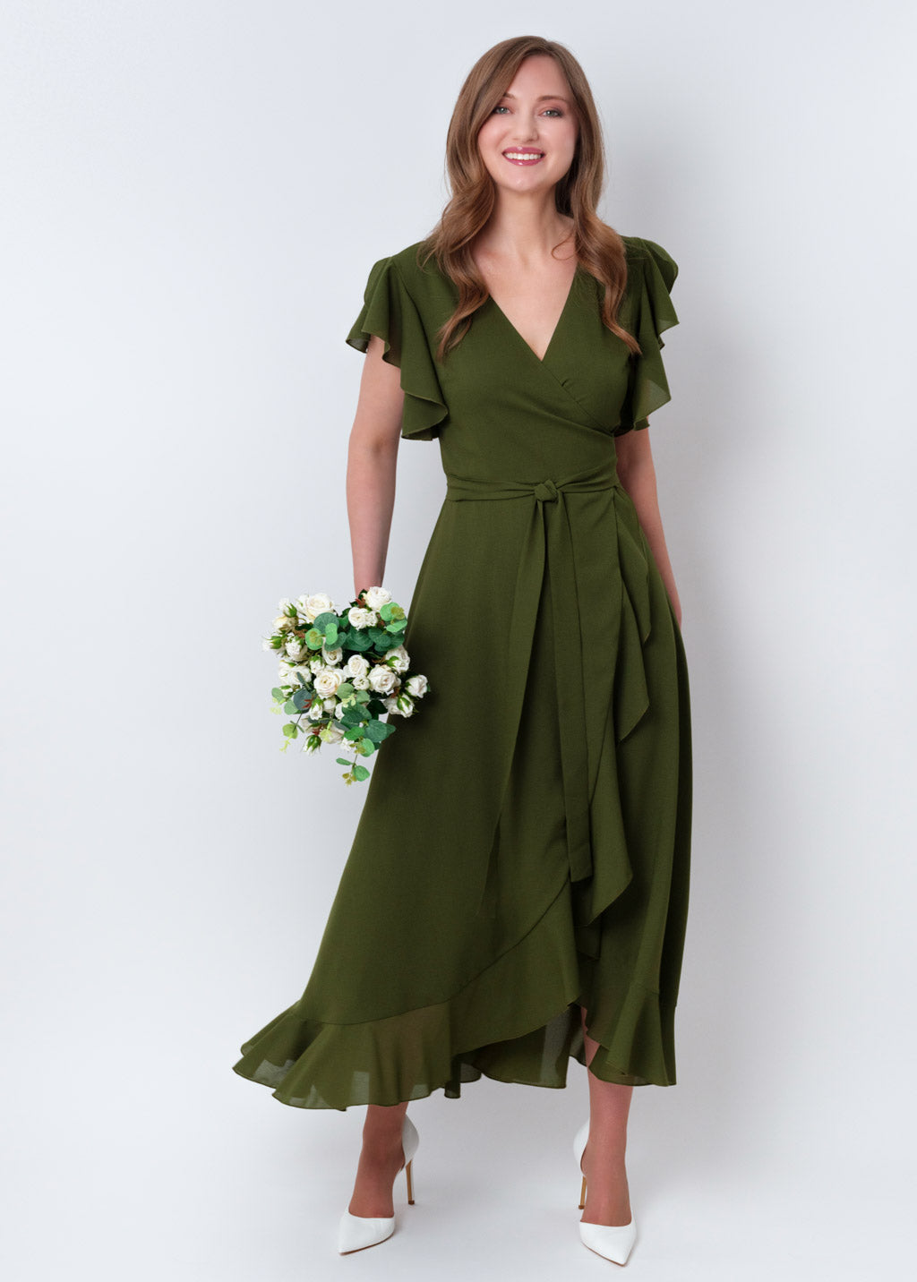 Olive green chiffon wrap dress
