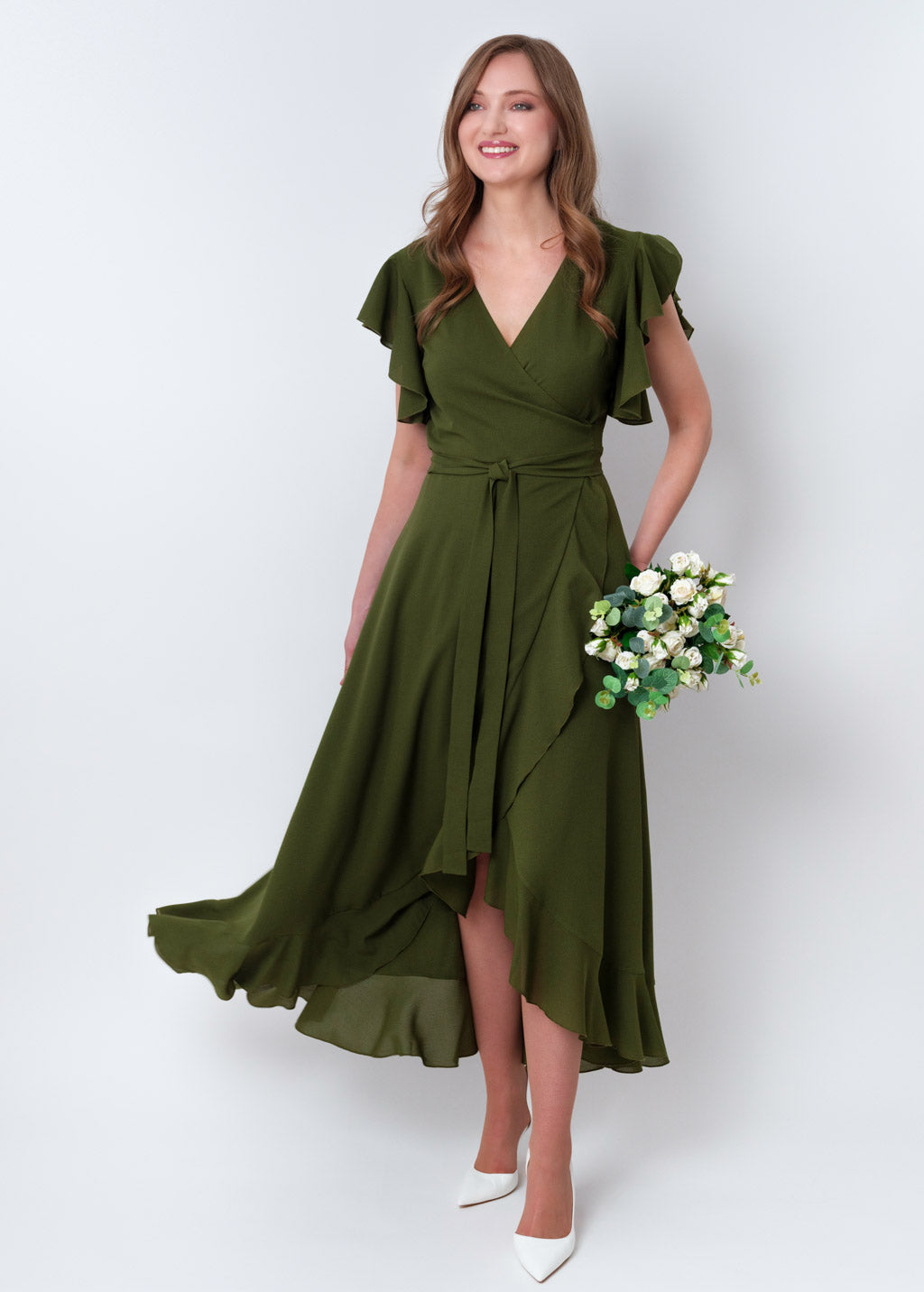Olive green chiffon wrap dress