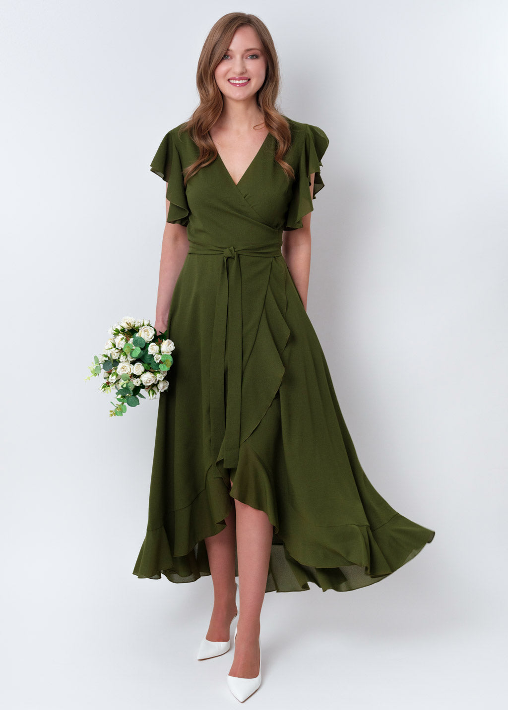 Olive green chiffon wrap dress