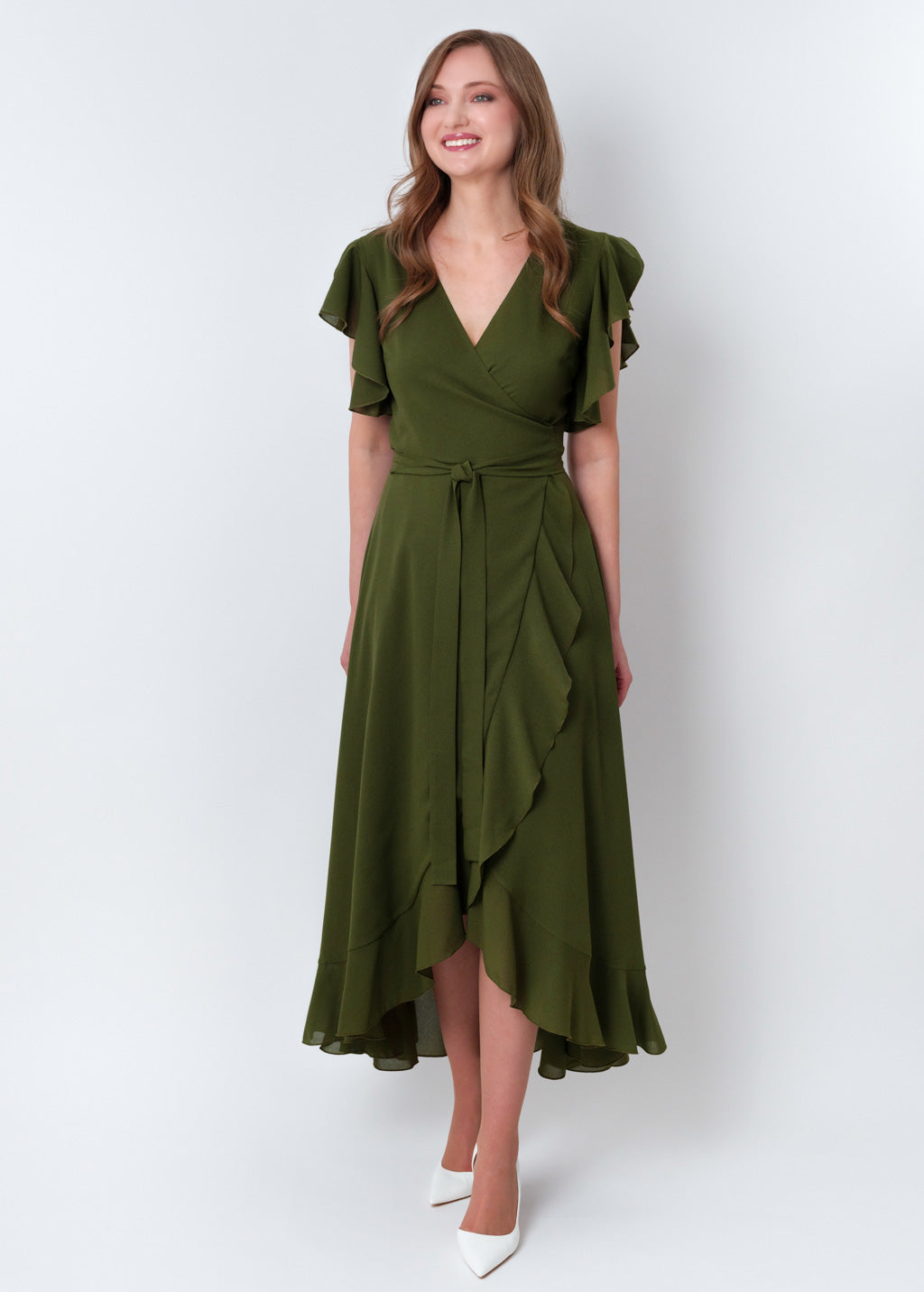 Olive green chiffon wrap dress