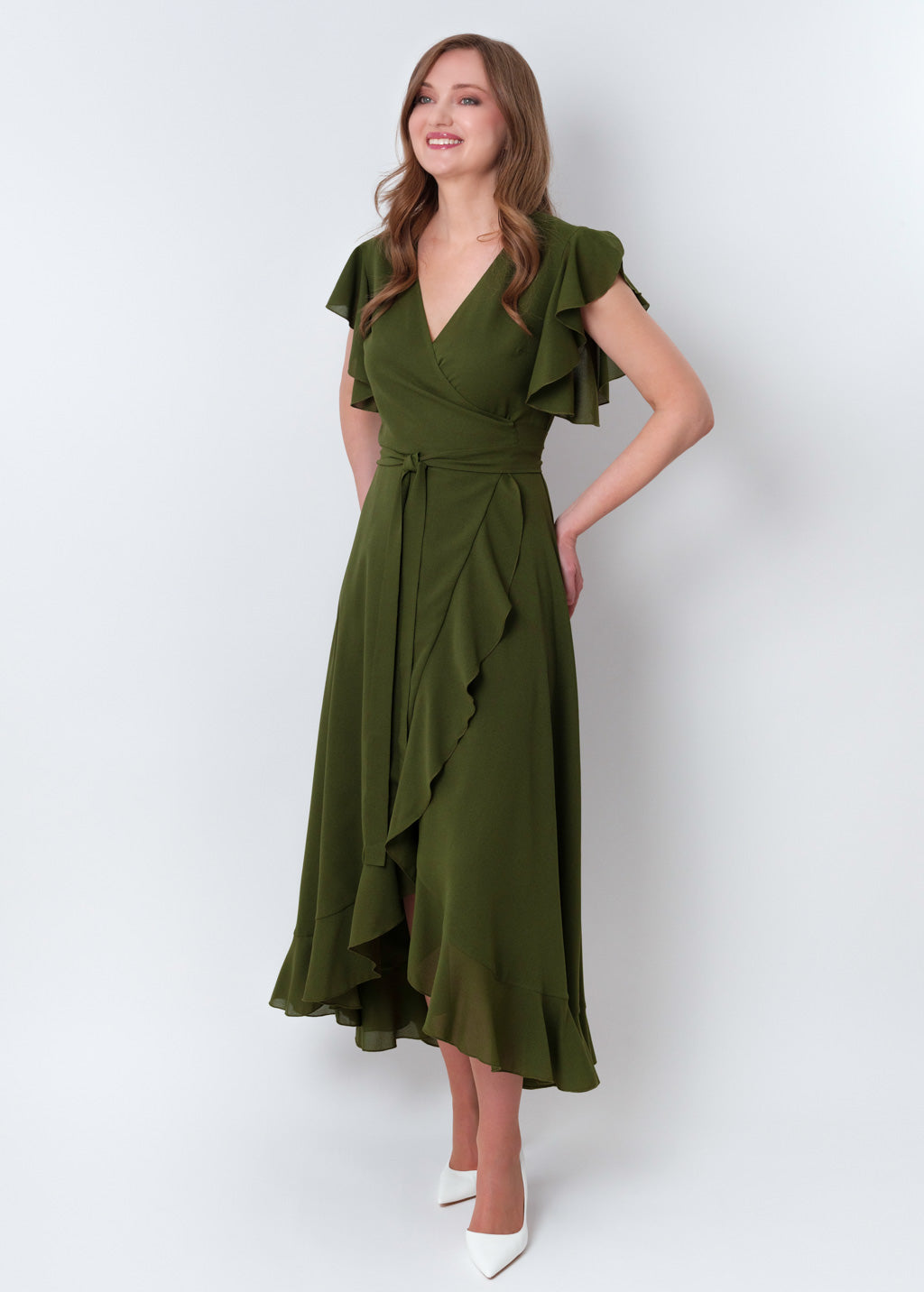 Olive green chiffon wrap dress