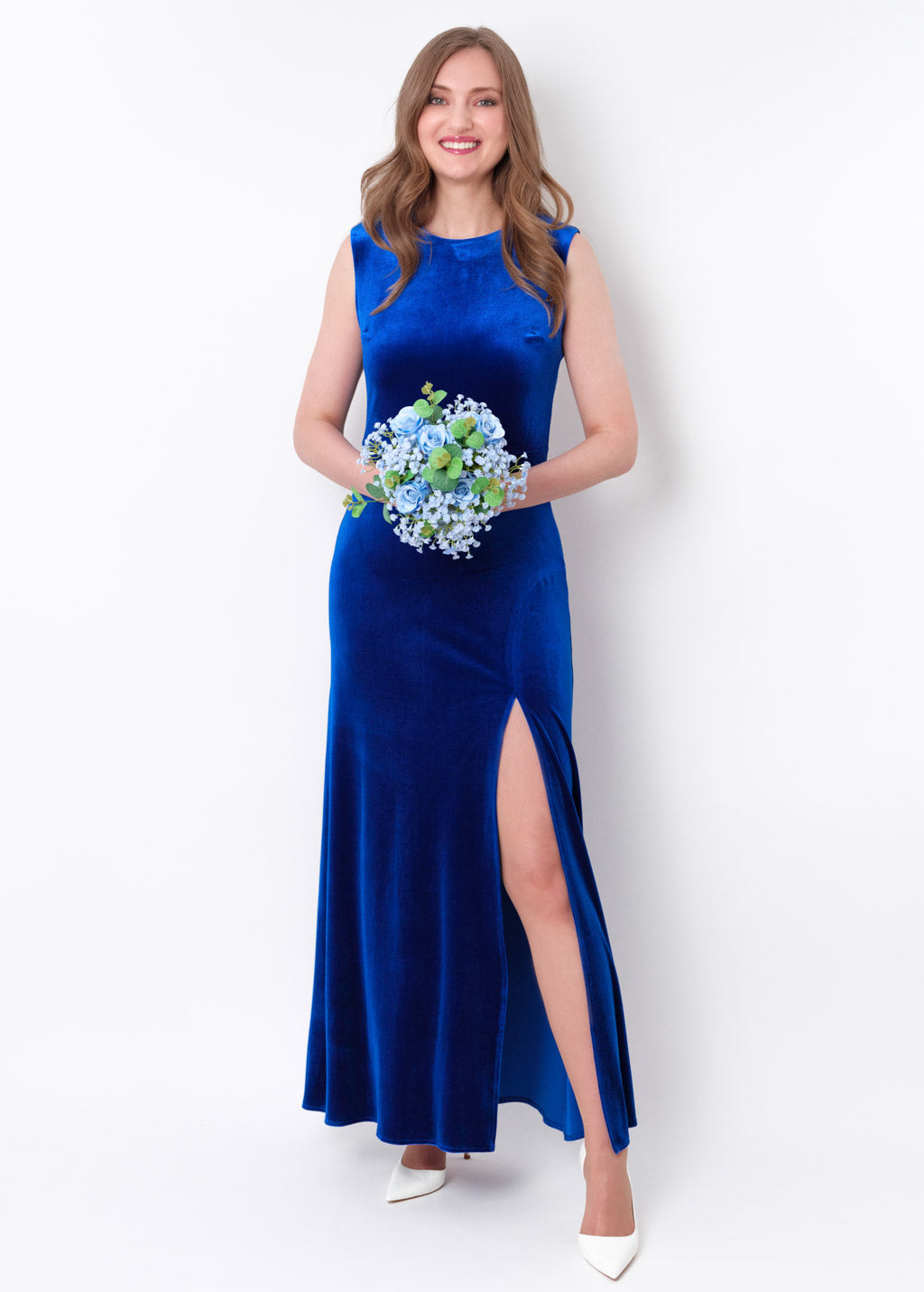 Royal blue velvet slit long pencil dress