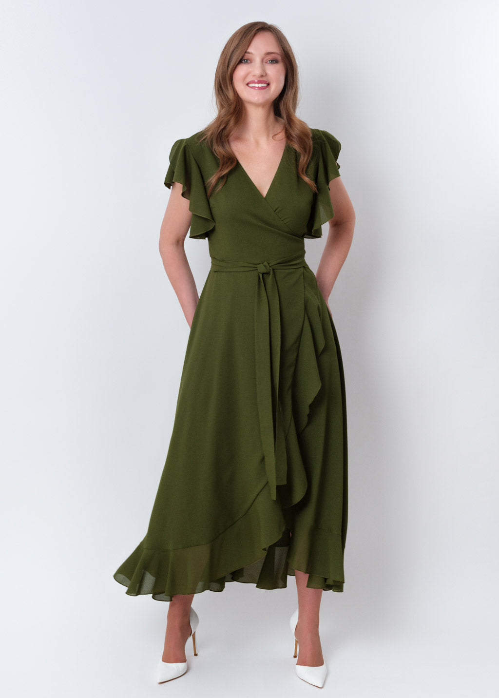 Olive green chiffon wrap dress