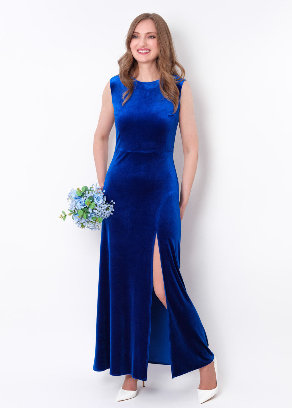 Royal blue velvet slit long pencil dress